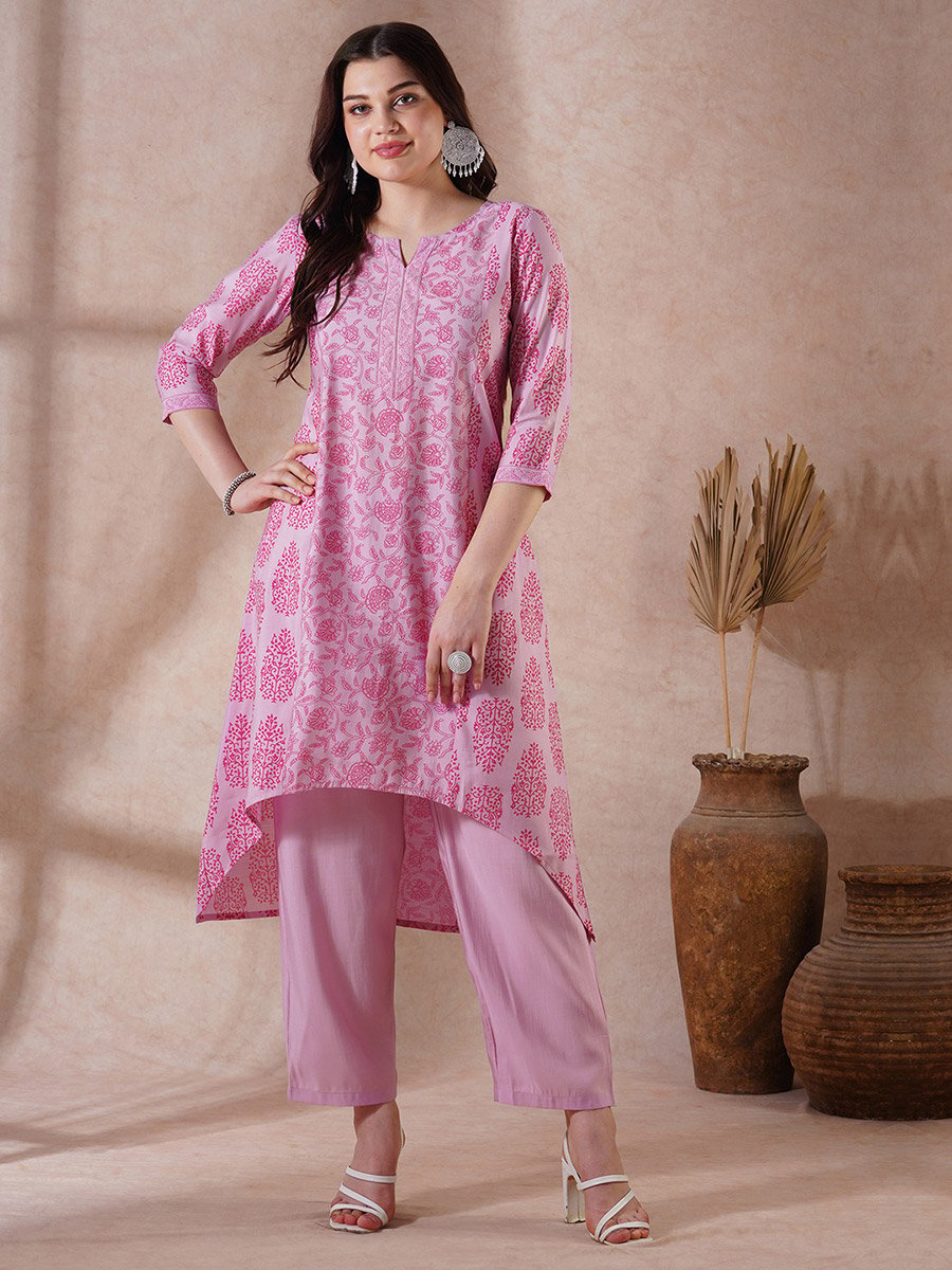 Pink High-Low Hem Kurta and Pants Set