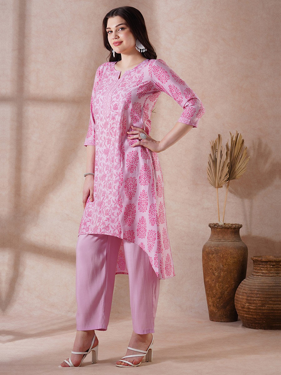 Pink High-Low Hem Kurta and Pants Set