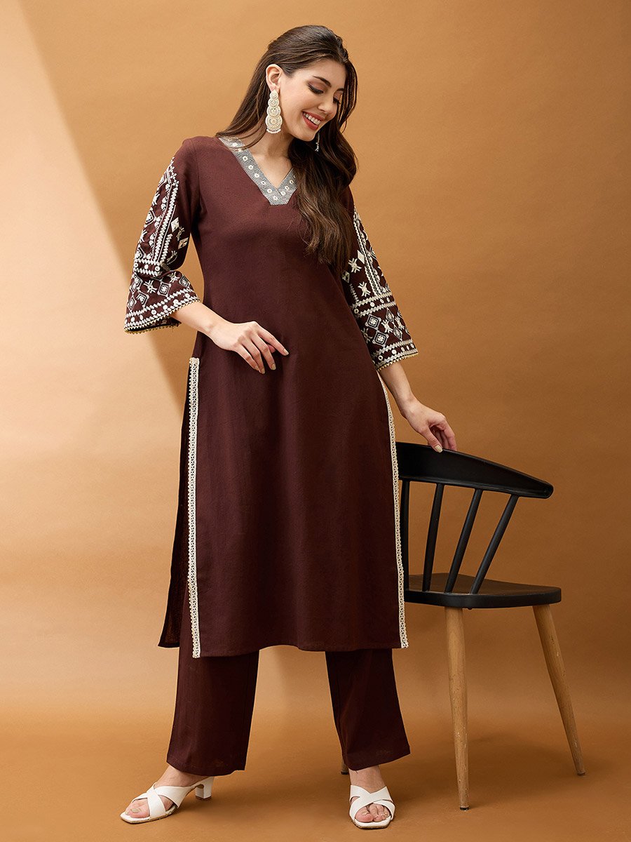 Brown Embroidered Mirror Work Detail Kurta and Pants Set
