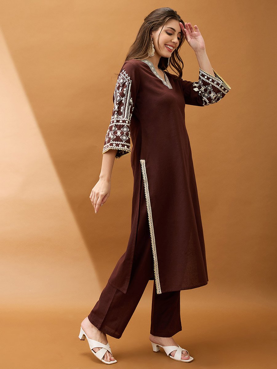 Brown Embroidered Mirror Work Detail Kurta and Pants Set