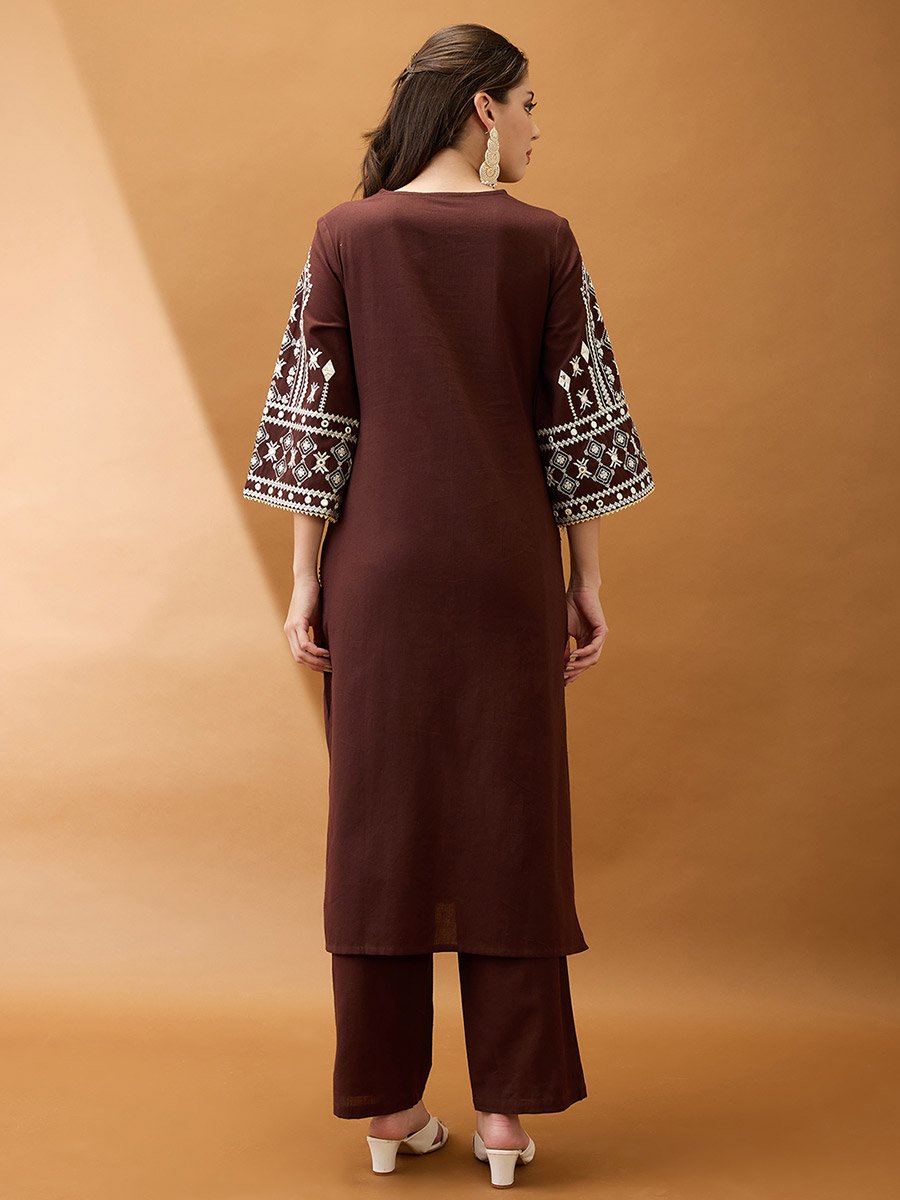 Brown Embroidered Mirror Work Detail Kurta and Pants Set