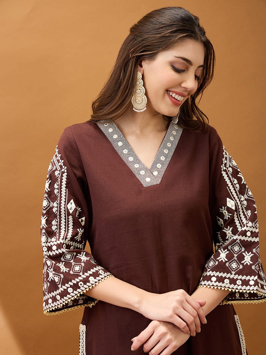 Brown Embroidered Mirror Work Detail Kurta and Pants Set