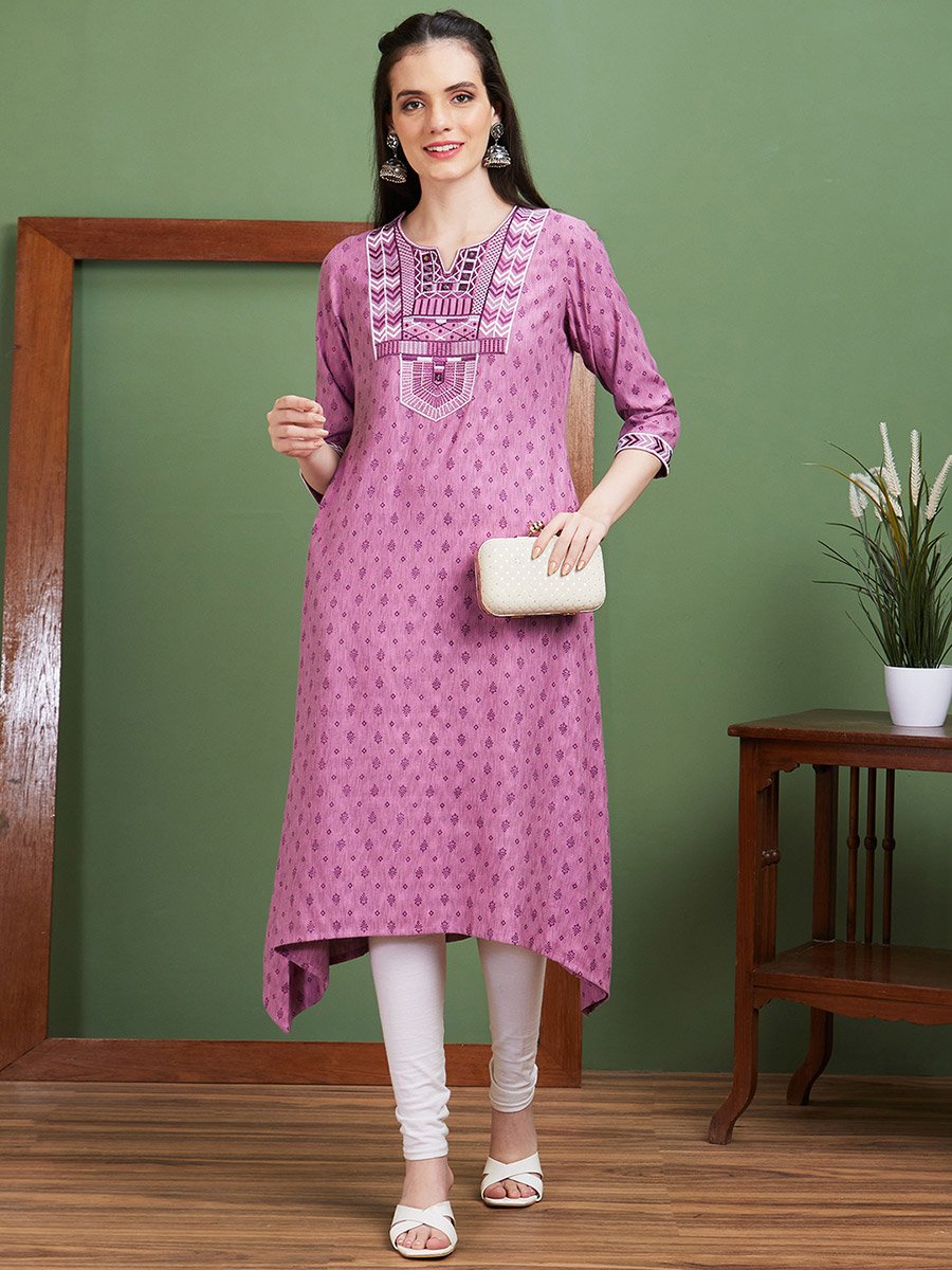 Purple Embroidered Yoke Round Neck Casual Kurta