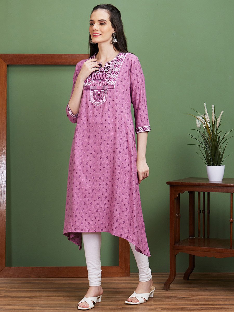 Purple Embroidered Yoke Round Neck Casual Kurta
