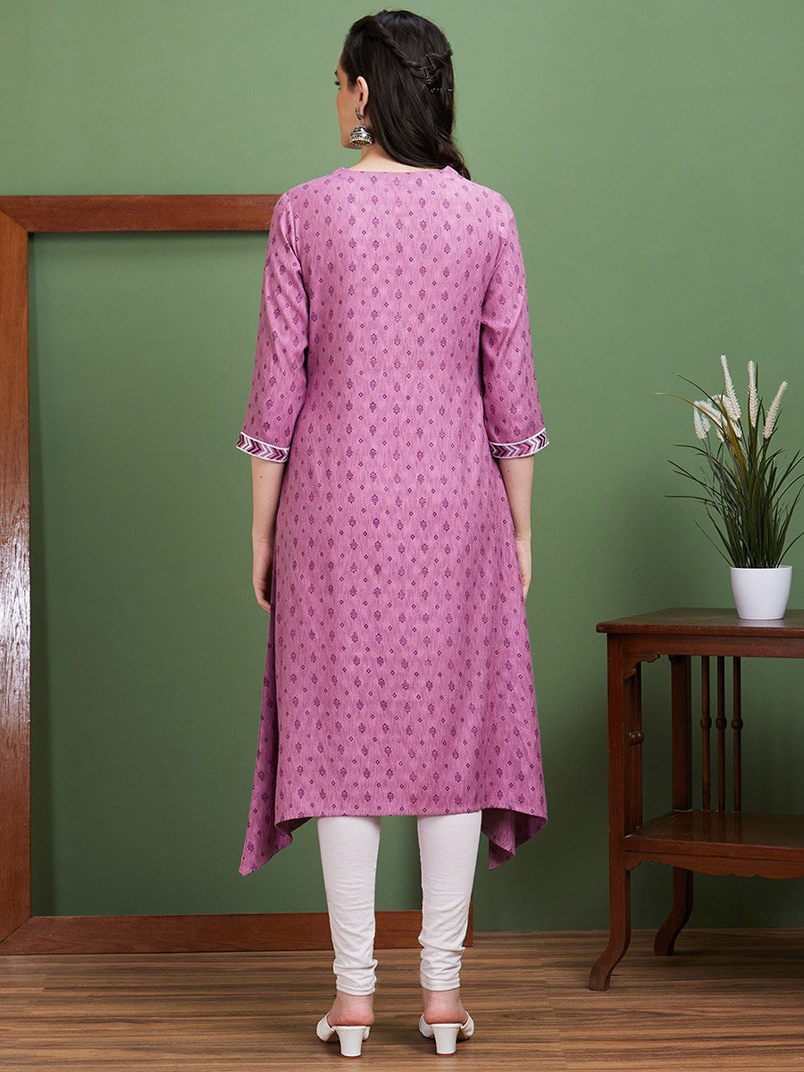 Purple Embroidered Yoke Round Neck Casual Kurta