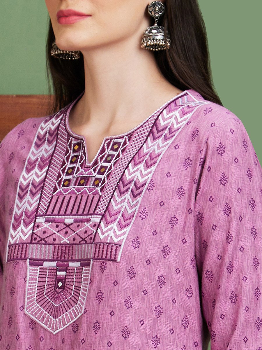 Purple Embroidered Yoke Round Neck Casual Kurta