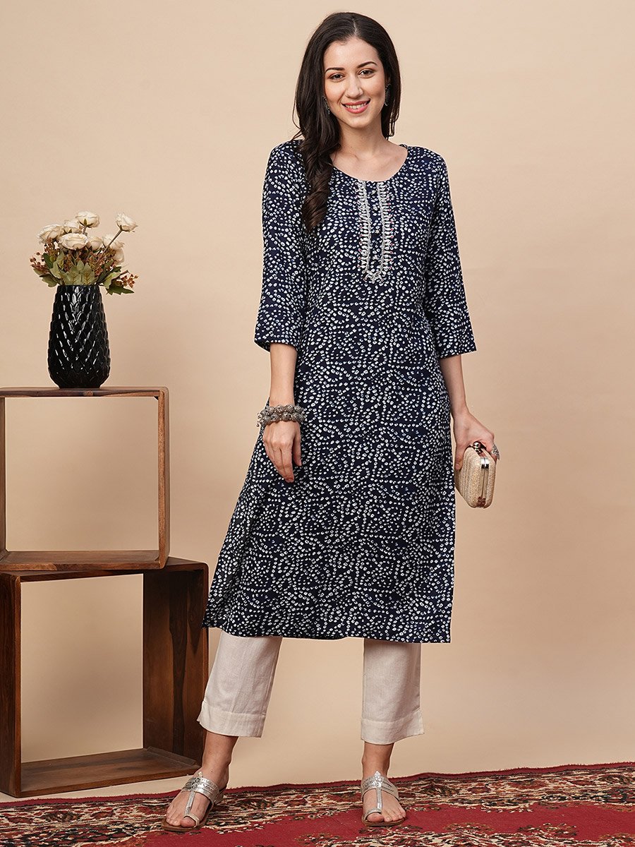 Blue Bandhani Print Straight Kurta