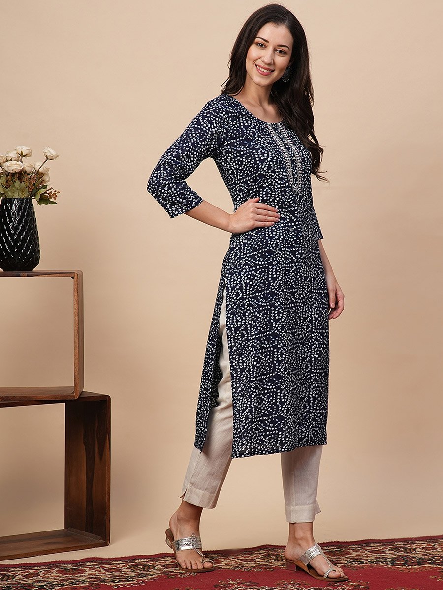 Blue Bandhani Print Straight Kurta