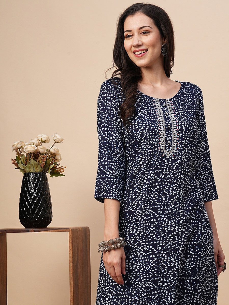 Blue Bandhani Print Straight Kurta