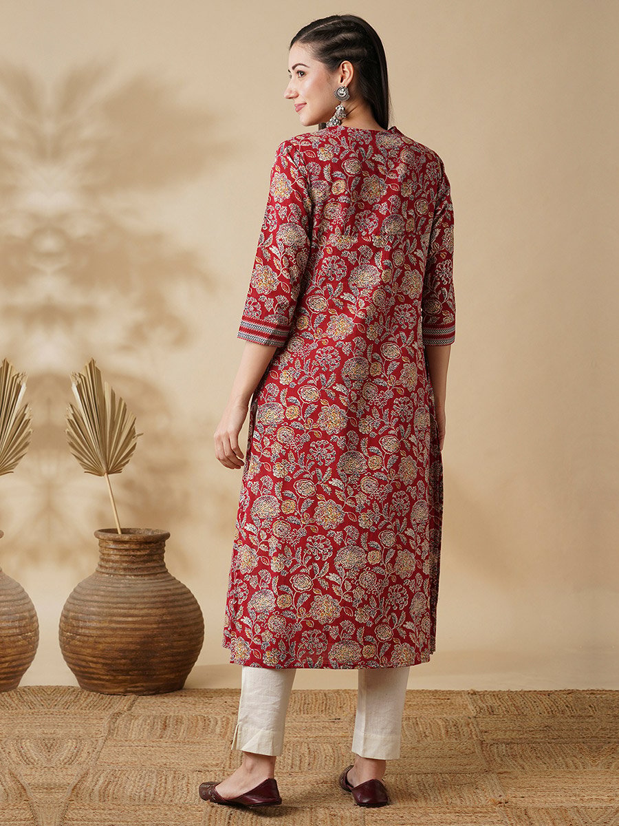 Women Maroon All-Over Floral Printed Sequin A-Line Kurta