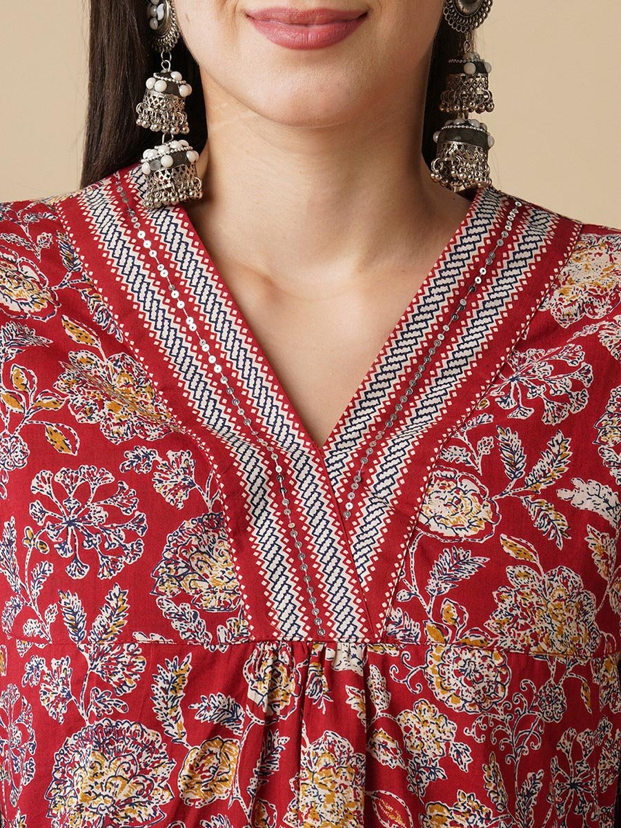 Women Maroon All-Over Floral Printed Sequin A-Line Kurta