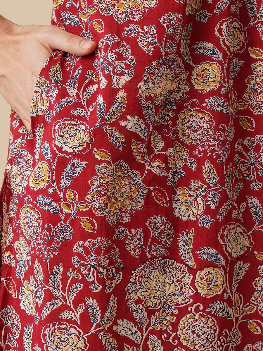 Women Maroon All-Over Floral Printed Sequin A-Line Kurta