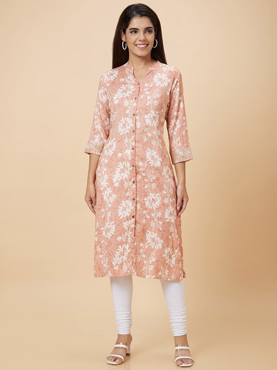 Women Peach Printed Straight Kurta