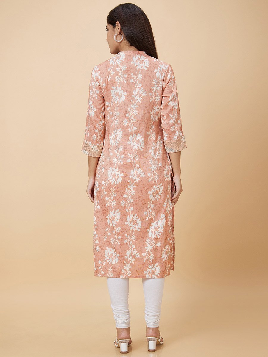 Women Peach Printed Straight Kurta