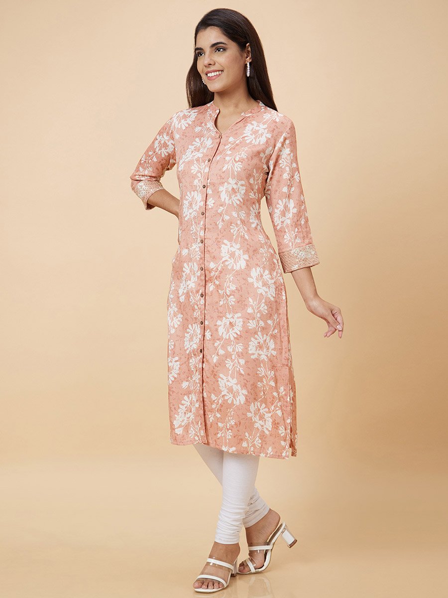 Women Peach Printed Straight Kurta