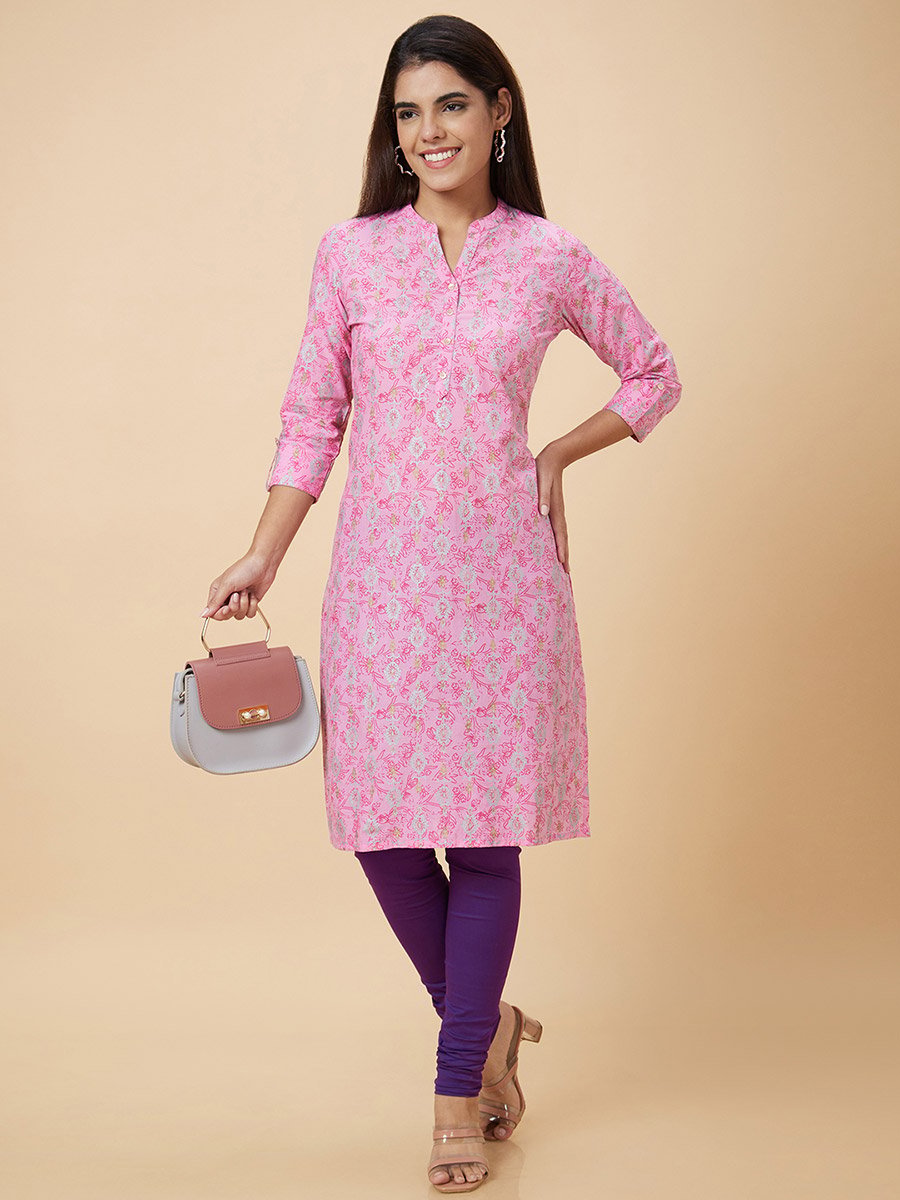 Women Pink Printed Straight Kurta