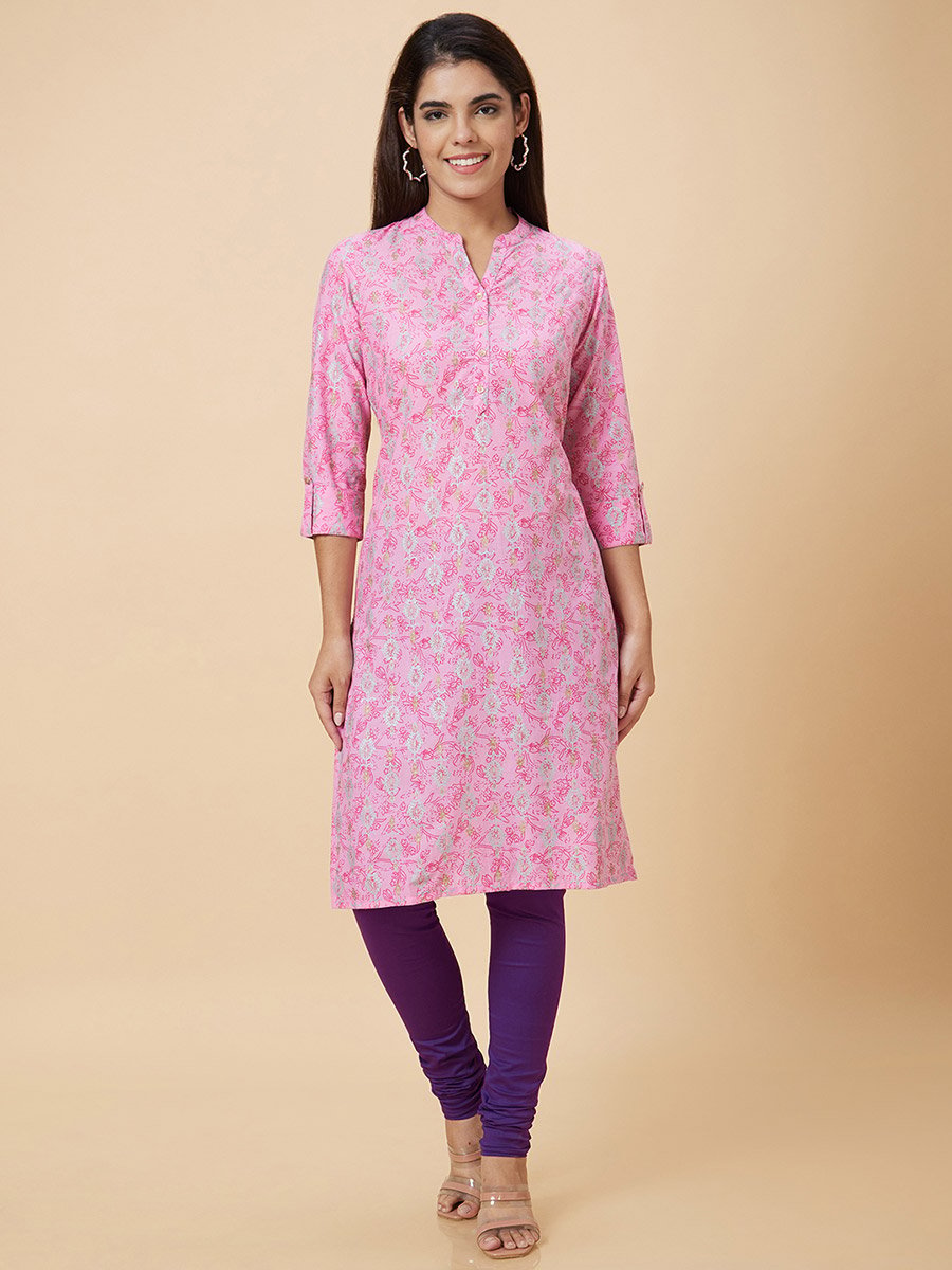 Women Pink Printed Straight Kurta