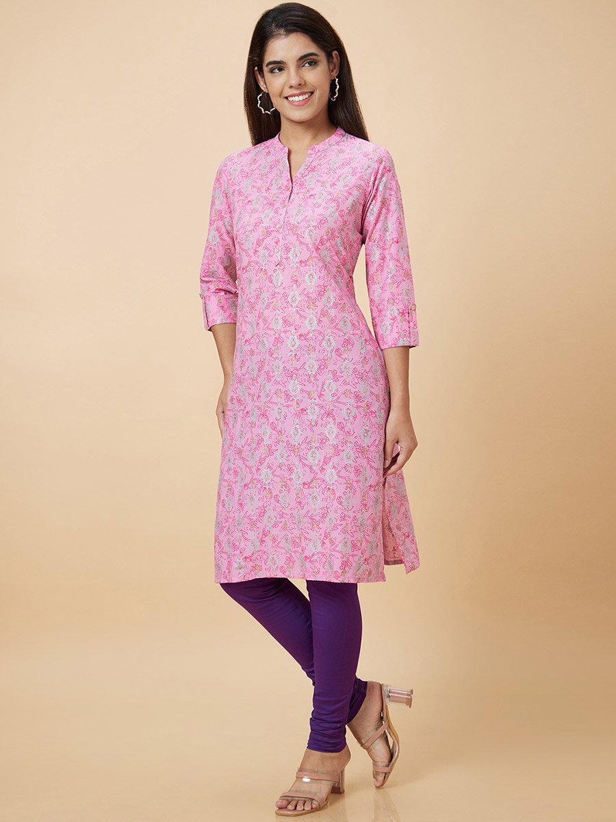 Women Pink Printed Straight Kurta