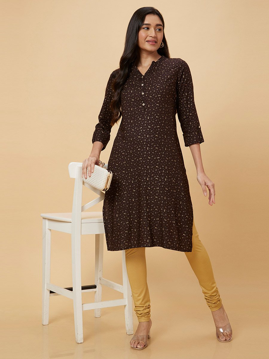 Women Brown Printed Straight Kurta