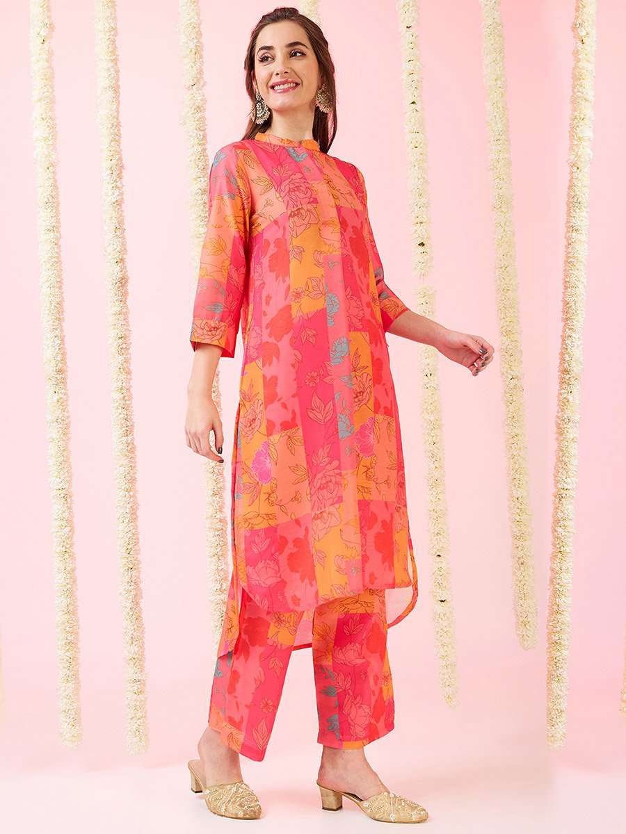 Multi Floral Print High-Low Hem Kurta and Pants Fusion Set