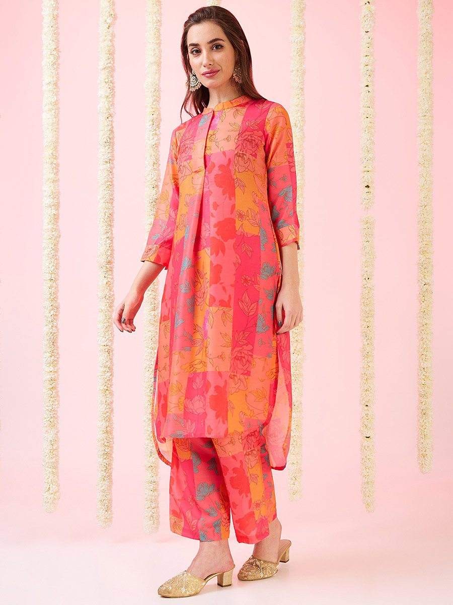 Multi Floral Print High-Low Hem Kurta and Pants Fusion Set