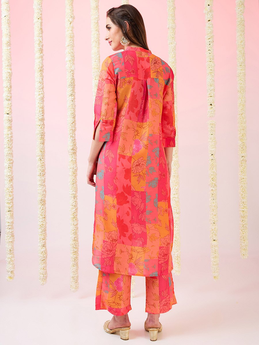 Multi Floral Print High-Low Hem Kurta and Pants Fusion Set
