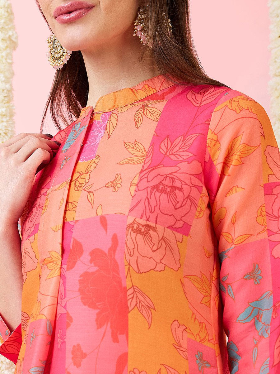 Multi Floral Print High-Low Hem Kurta and Pants Fusion Set