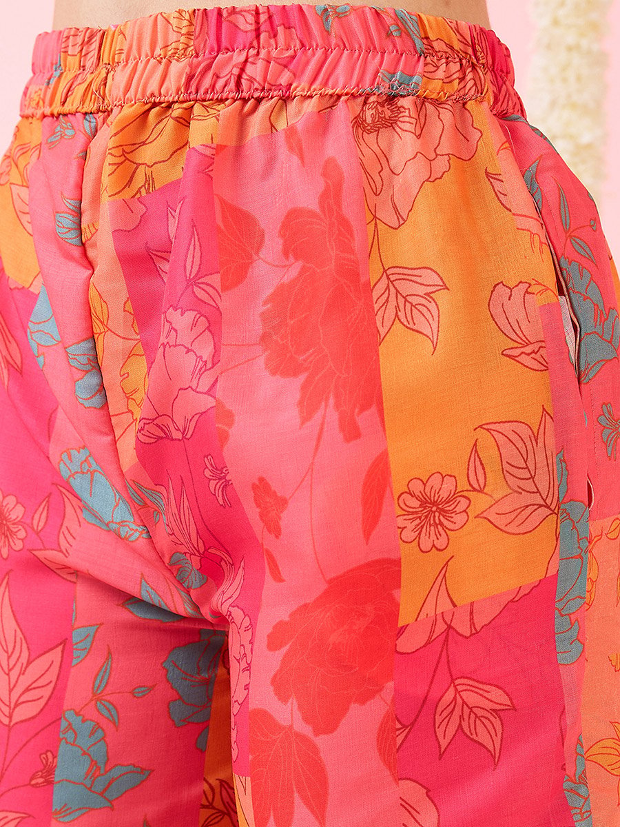 Multi Floral Print High-Low Hem Kurta and Pants Fusion Set