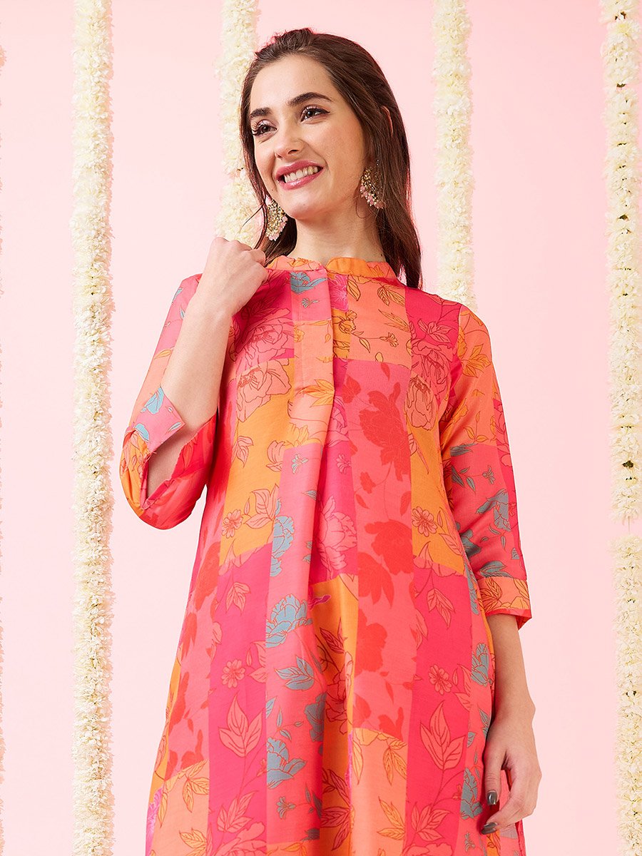 Multi Floral Print High-Low Hem Kurta and Pants Fusion Set