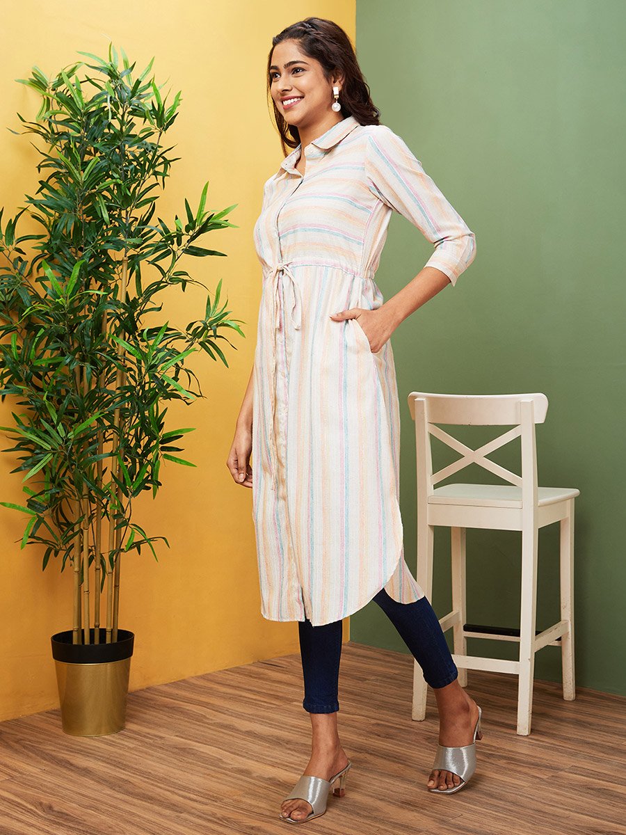 Women Striped Shirt Collar Regular Kurta