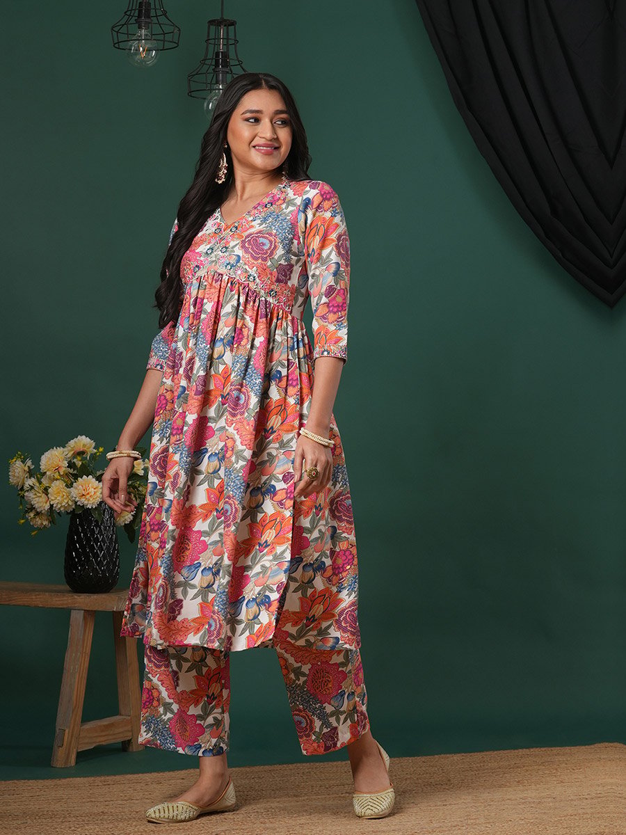 Pink Embroidered Detail Floral Aliya Cut Kurta and Pants Fusion Set