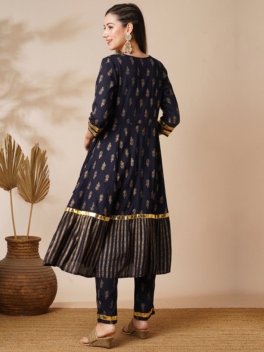 Women Navy Floral Printed Anarkali Kurta with Pants Set