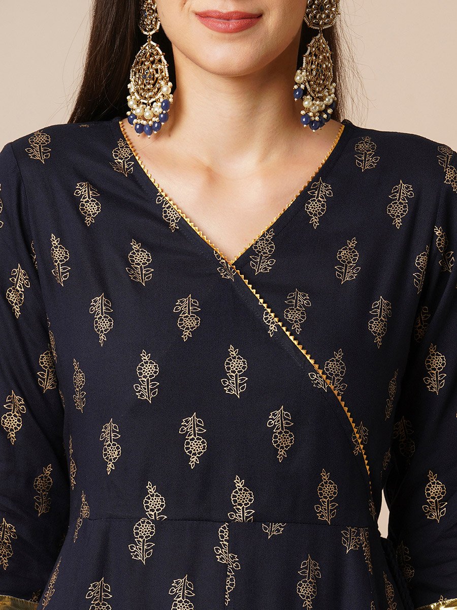 Women Navy Floral Printed Anarkali Kurta with Pants Set