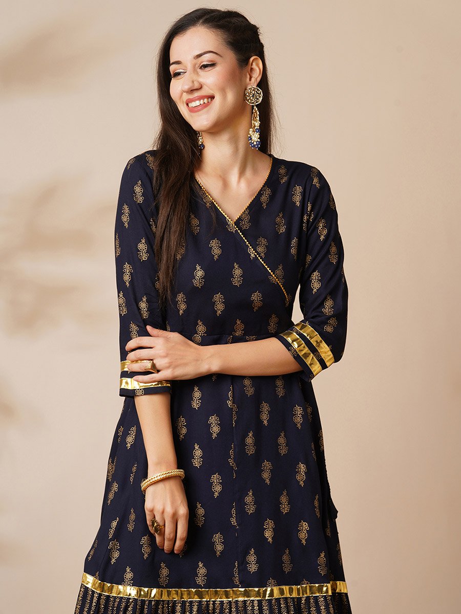 Women Navy Floral Printed Anarkali Kurta with Pants Set