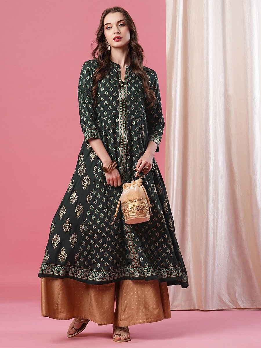 Dark Green Ethnic Motifs Print Paneled Anarkali Kurta