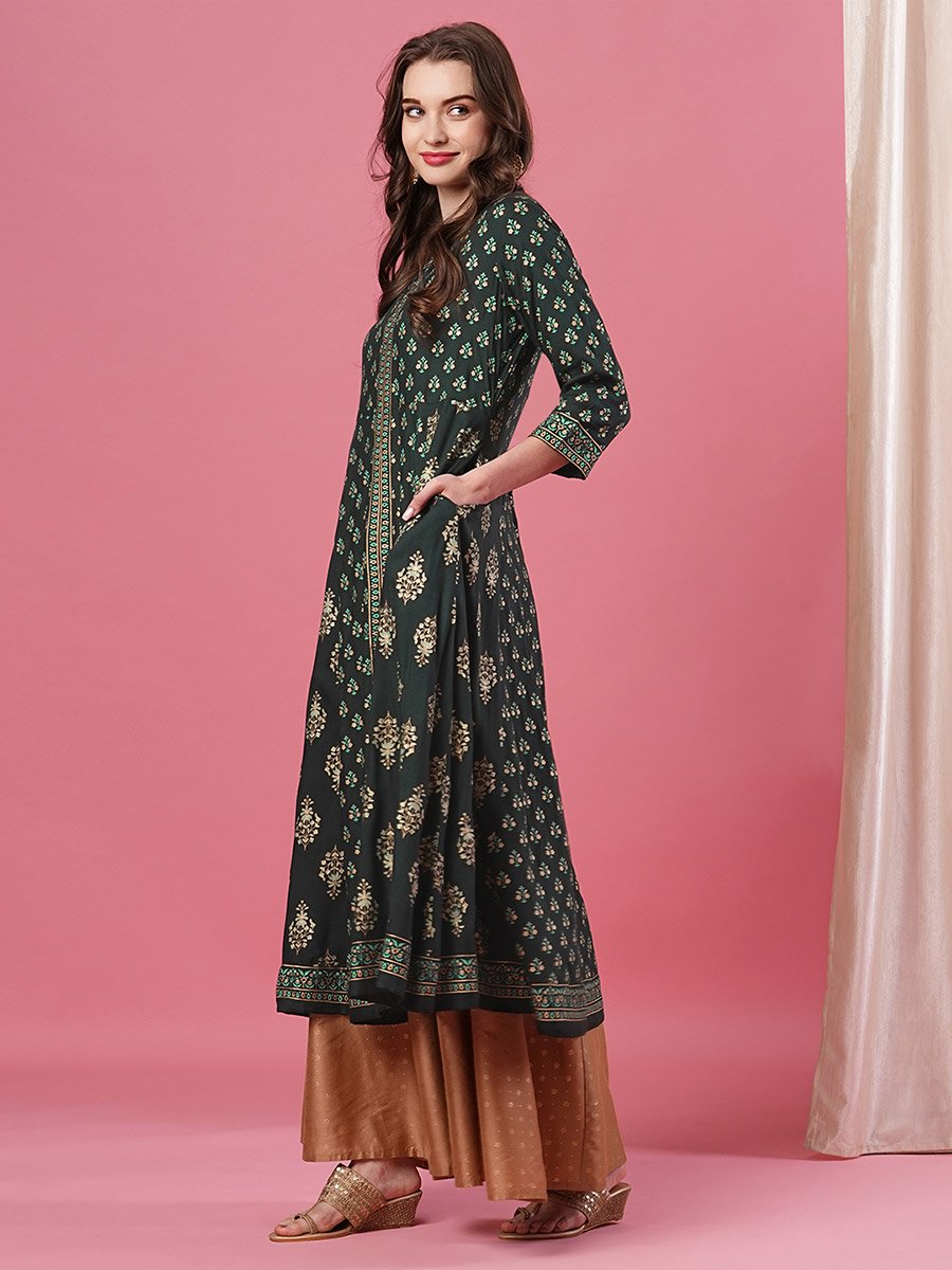 Dark Green Ethnic Motifs Print Paneled Anarkali Kurta