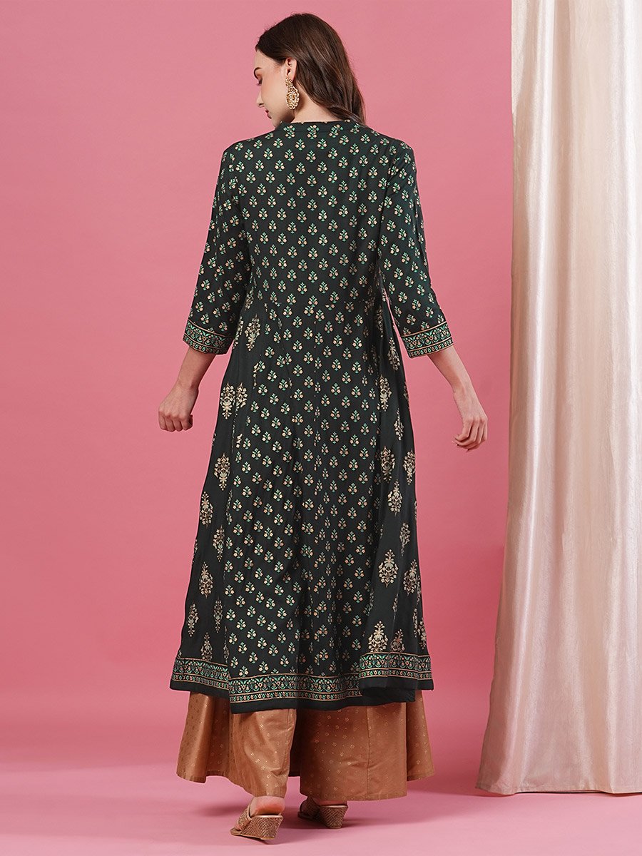Dark Green Ethnic Motifs Print Paneled Anarkali Kurta