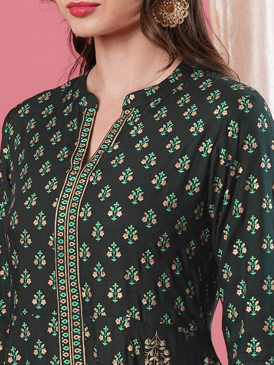 Dark Green Ethnic Motifs Print Paneled Anarkali Kurta