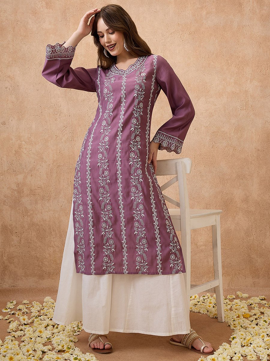 Purple Floral Embroidered Bell Sleeves Festive Kurta