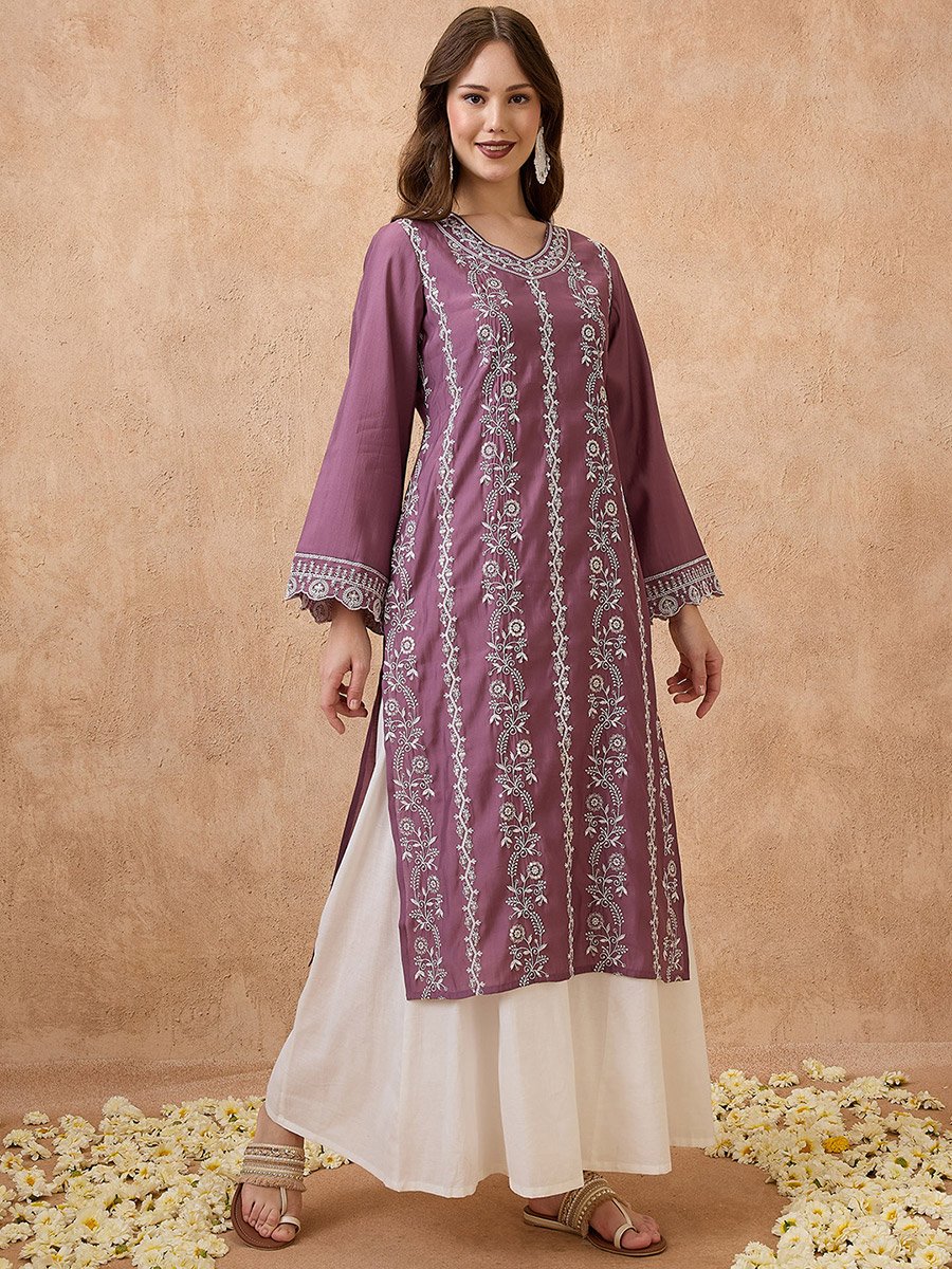 Purple Floral Embroidered Bell Sleeves Festive Kurta