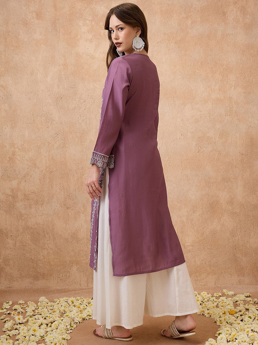 Purple Floral Embroidered Bell Sleeves Festive Kurta