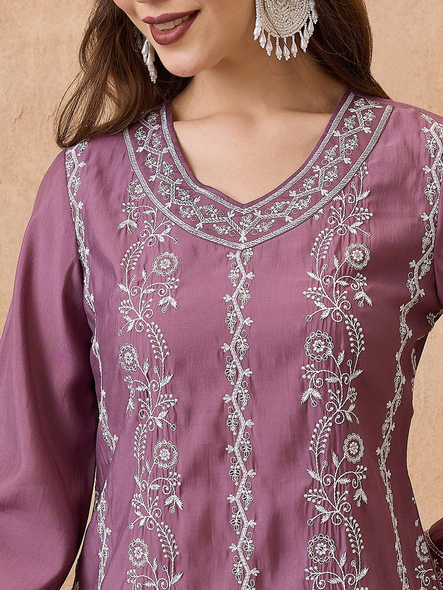 Purple Floral Embroidered Bell Sleeves Festive Kurta