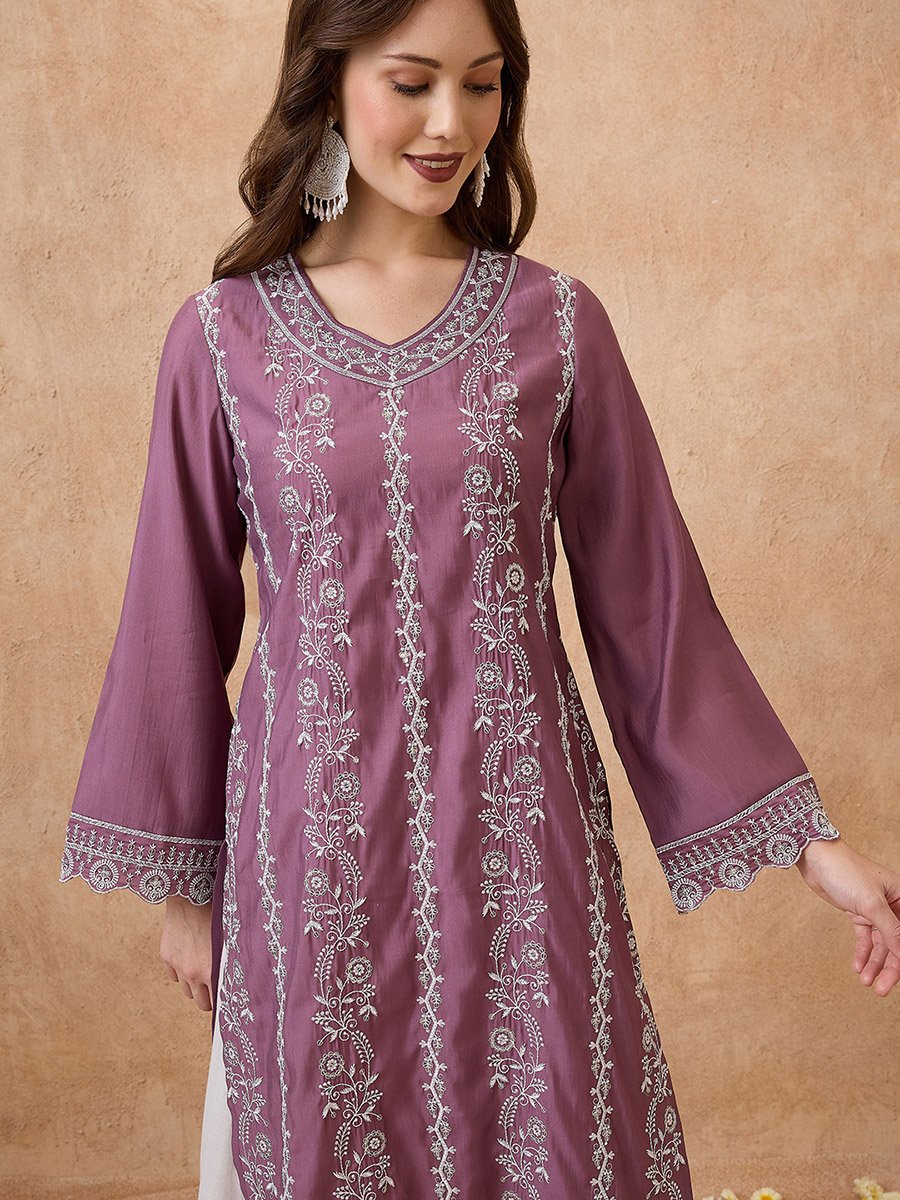 Purple Floral Embroidered Bell Sleeves Festive Kurta