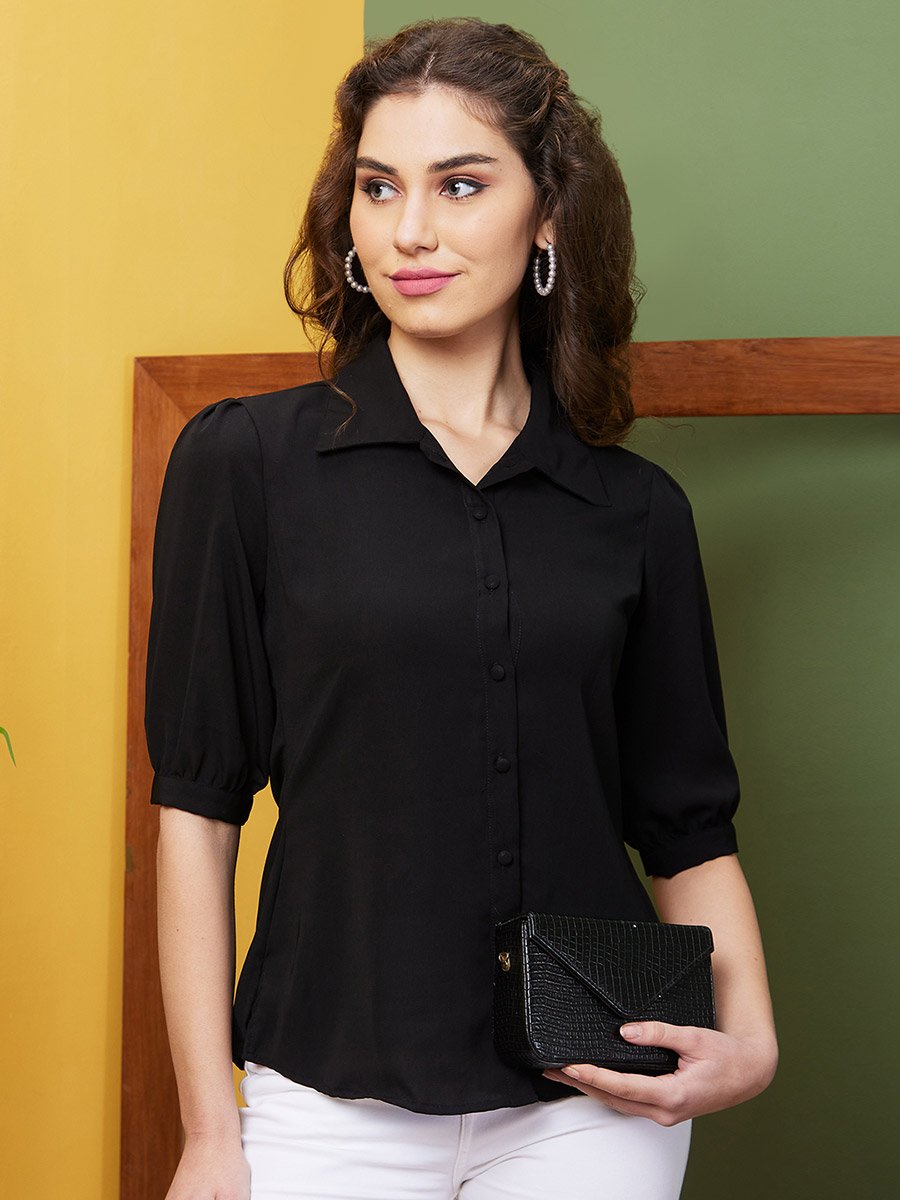 Black Puff Sleeve Opaque Workwear Shirt