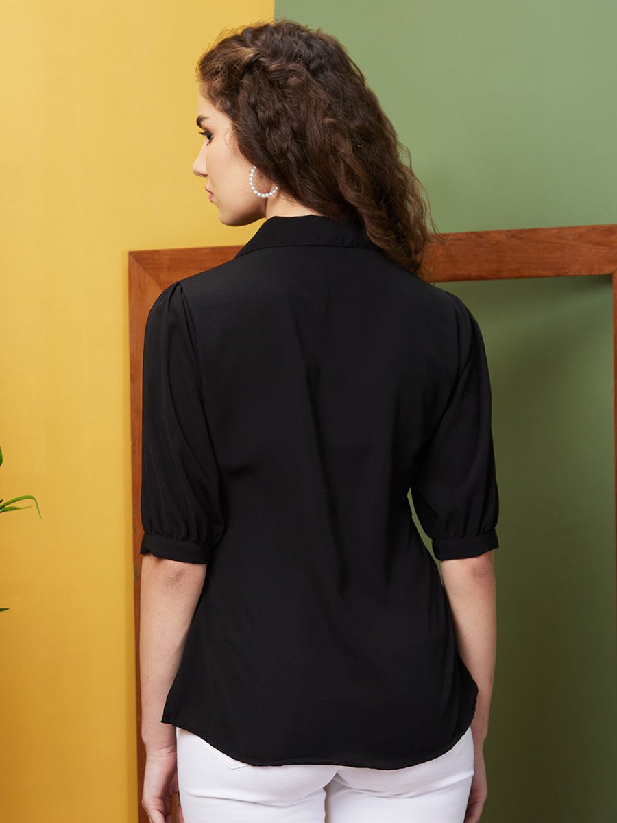 Black Puff Sleeve Opaque Workwear Shirt