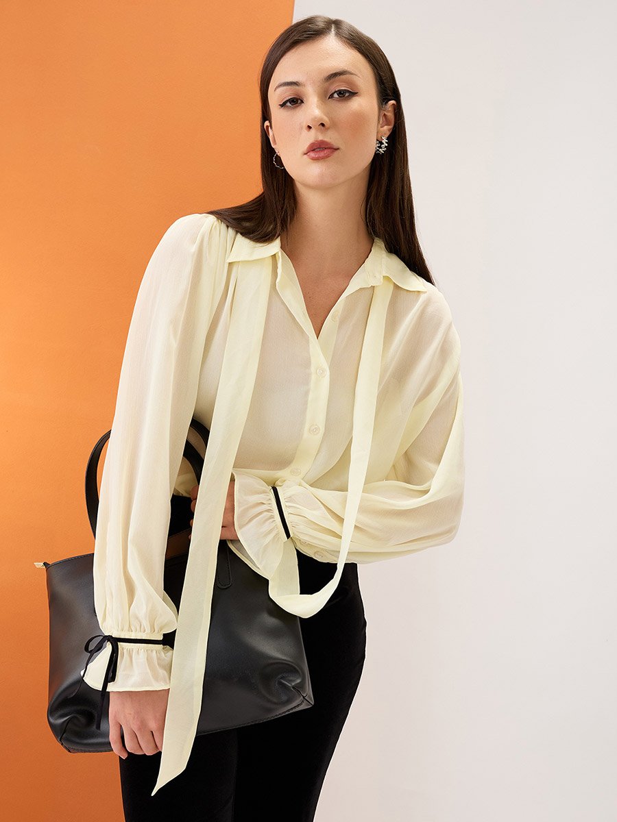 Yellow Collared Neck Tie Chiffon Shirt
