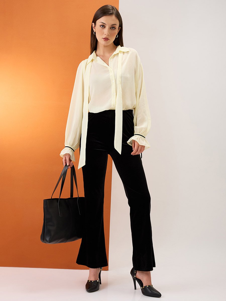 Yellow Collared Neck Tie Chiffon Shirt