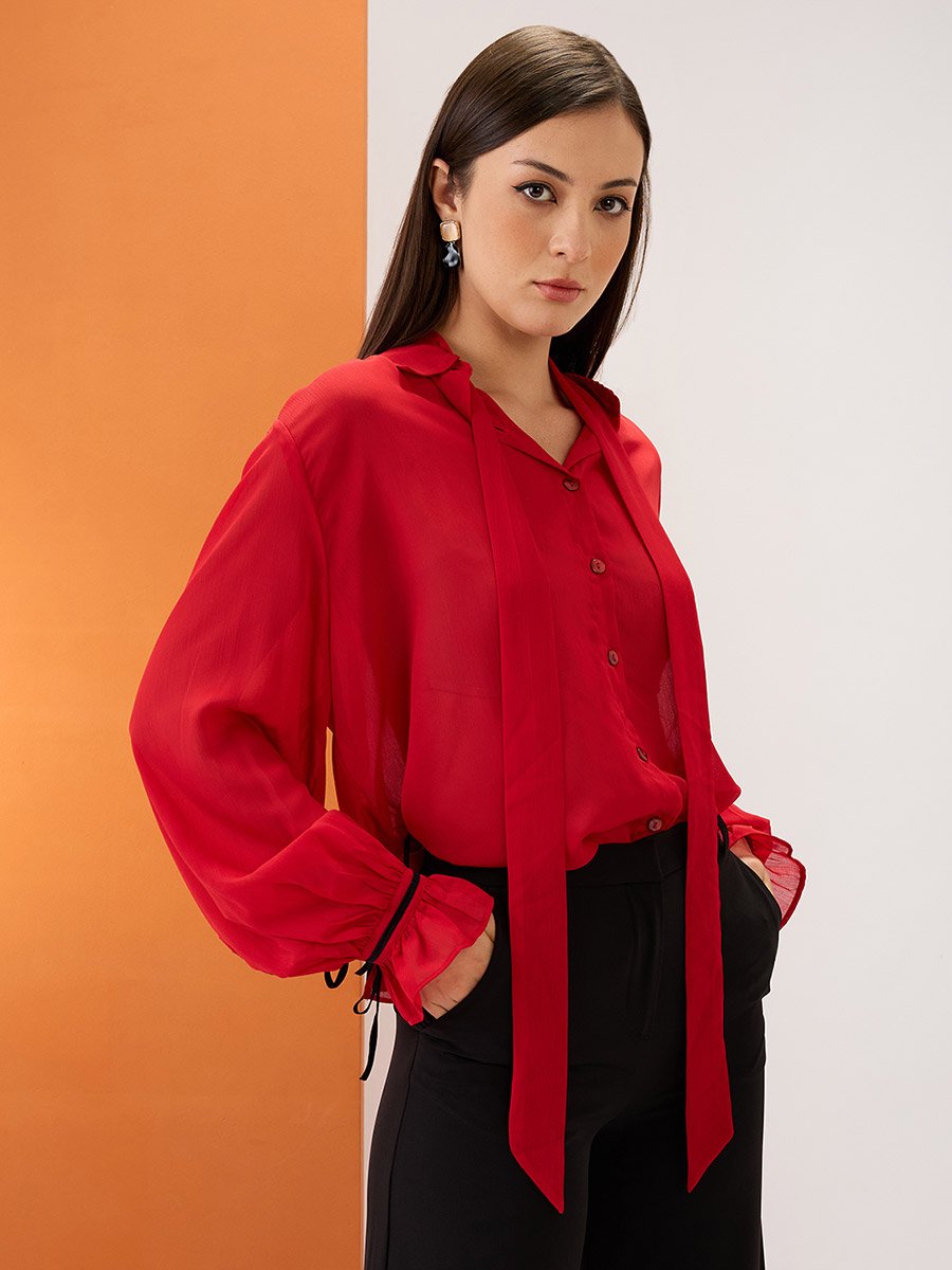 Red Collared Neck Tie Chiffon Shirt