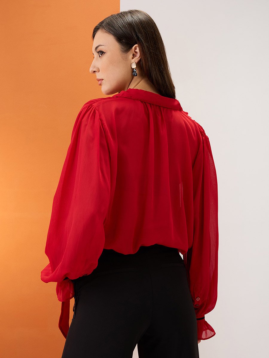 Red Collared Neck Tie Chiffon Shirt