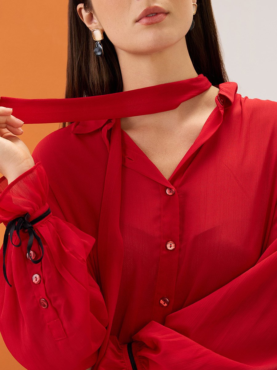 Red Collared Neck Tie Chiffon Shirt